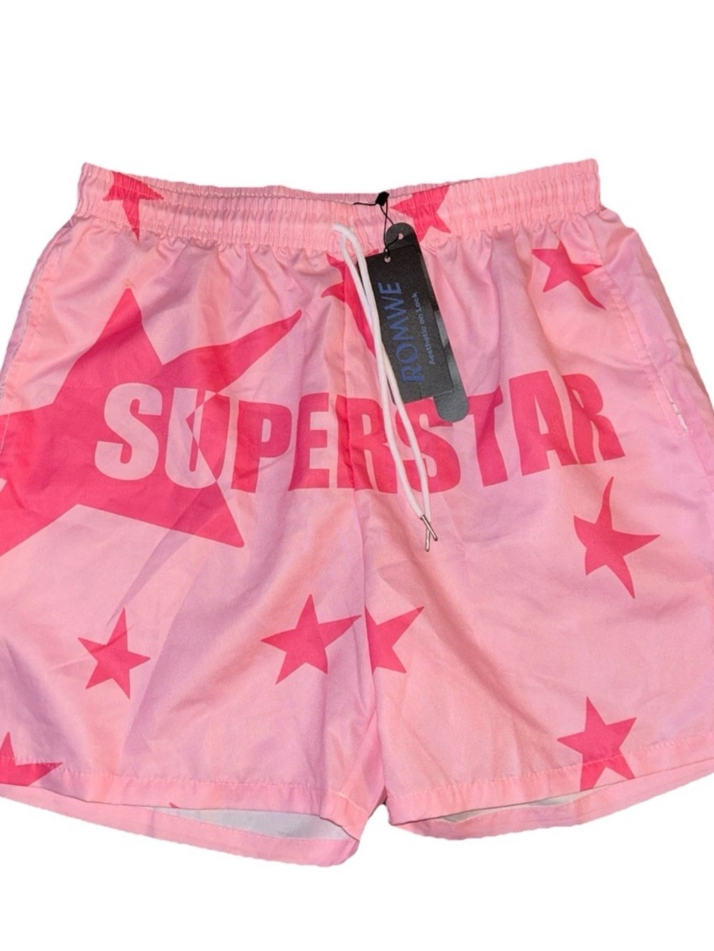 Men's size Medium Romwe Light and Dark Pink Superstar Print Shorts w/drawstring